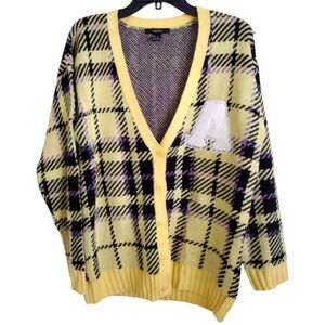 Forever 21 yellow purple plaid letterman inspired cardigan size large
